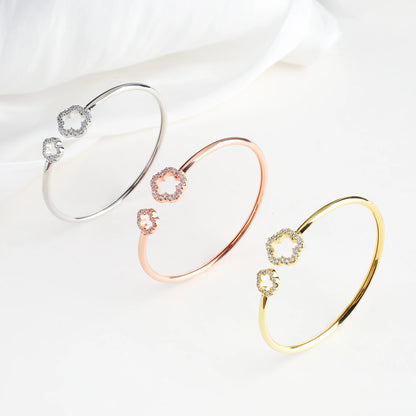 Flower Jewelry Bracelet Shiny Zirconia Hollow Five Leaf Flower Opening Bangle Simple for Woman Girl Party Jewelry Gift Clover