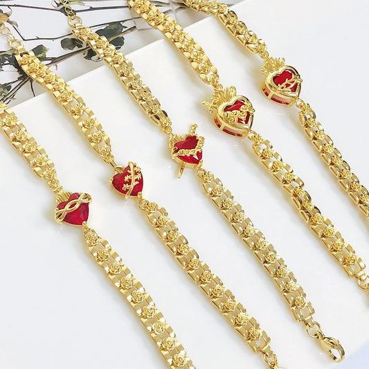 New Fashion Heart-Shaped Crystal Rose Flower Chain Gold-Plated Bracelet for Women Female New Trend Party Jewelry, Birthday Gift