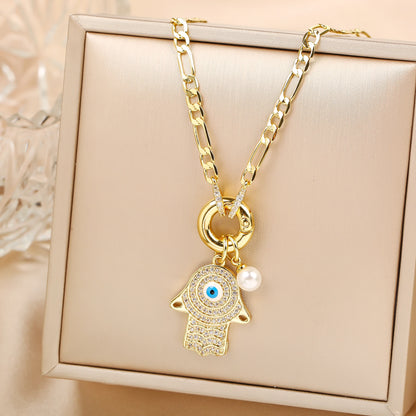 Punk Style Full Zirconiac Evil Eye Palm Pearl Pendant Necklace Luxury For Man Woman Daily Wear Clavicle Chain Jewelry Party Gift