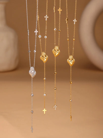 Elegant Stainless Steel Women Necklace Long Cross Pendant Round Zircon Chain Waterproof Luxury Charm Jewelry