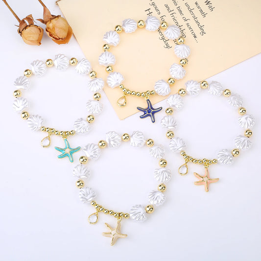 Hot Sale White Shell Woven Starfish Pendant Gold Plated Copper Bead Bracelet Luxury for Woman Girl New Trend Party Jewelry