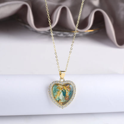 Fine Trendy Heart Shape Religious Figure Virgin Mary Pendant Necklace Fine Holiday Party Catholic Jewelry Gift Wholesale