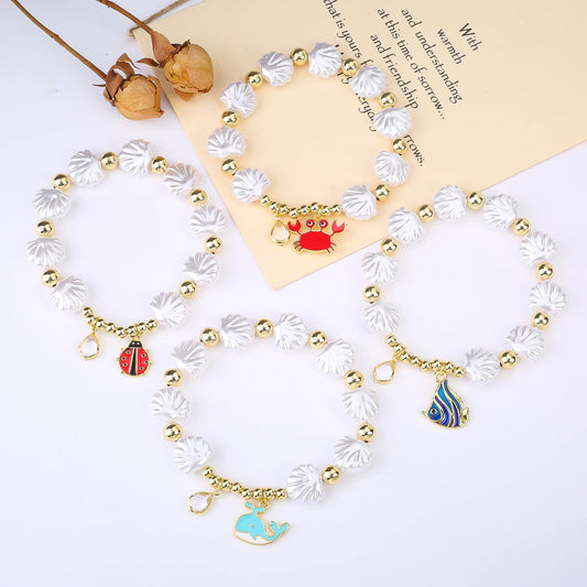 New Trend White Shell Shape Beads Stretch Bracelet Ocean Theme Fish Crab Tree Beetle Charm Gold Color Copper Beads Bracelet