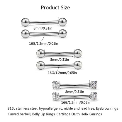 6Pcs Elegant Fashion 316 Stainless Steel Curved Barbell Eyebrow Ring,Inlaid Shiny Zircon Belly Lip Ring Body Piercing Jewelry