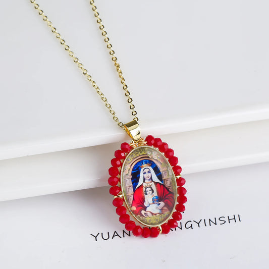 Fashion Shiny Crystal Oval Pendant Necklace High Quality Religious Characters Jewelry Luxury for Man Woman Jewelry Daily Wear