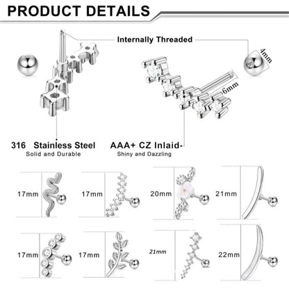 1/4/6/8Pcs 16G Stainless Steel Screw Back Stud Earrings for Women,Cubic Zerconia Cartilage Conch Helix Ear Piercing Jewelry