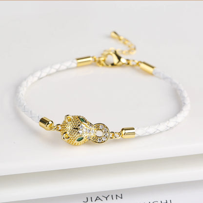 Adjustable Leather Rope Braided Zirconia Animal Leopard Head Bully Bracelet Fashion for Man Woman Party Jewelry Gift Daily Wear
