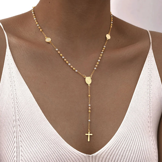 Beads Rosary Necklace Cross Pendant For Women,virgin Mary St Benedict Y Shape Drop Necklace, Protection Jewelry