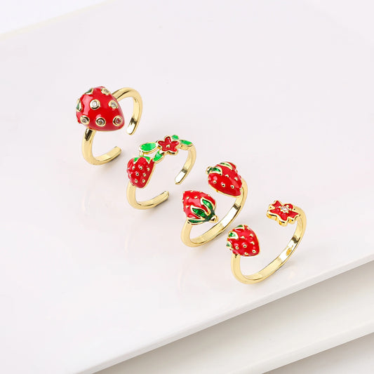 New Creative Copper Oil Drop Red Strawberry Zirconia Ring Charm For Woman Girl Vacation Casual Jewelry Accessories Adjustable
