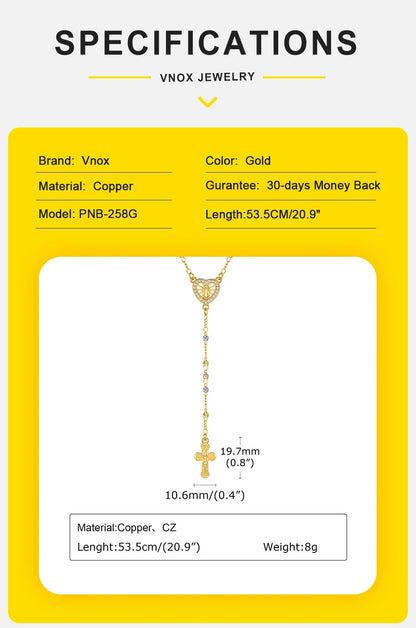 Vnox Virgin Mary Heart Rosary Necklaces for Women Men, Gold Plated Cross Prayer Collar, Long Sweater Chain Necklace