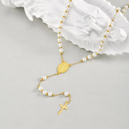 Imitation Pearl Beaded Chain Holy Virgin Mary Y-Shaped Necklace, Stainless Steel Cross Pendant Necklace,Religious Prayer Jewelry