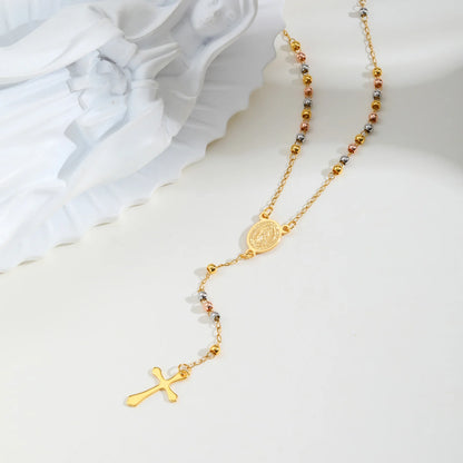 Tri-color Beaded Virgin Mary Y-shaped Necklace, Holy Spirit Cross Pendant Necklace for Women, Stainless Steel Religious Jewelry