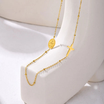 Vnox Dainty Sideway Cross Necklaces, Women's Virgin Mary Charm Collar, Adjustable Stainless Steel Jewelry