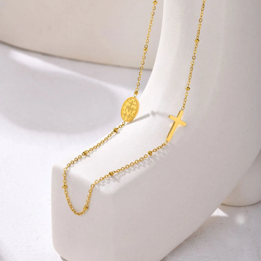 Vnox Dainty Sideway Cross Necklaces, Women's Virgin Mary Charm Collar, Adjustable Stainless Steel Jewelry