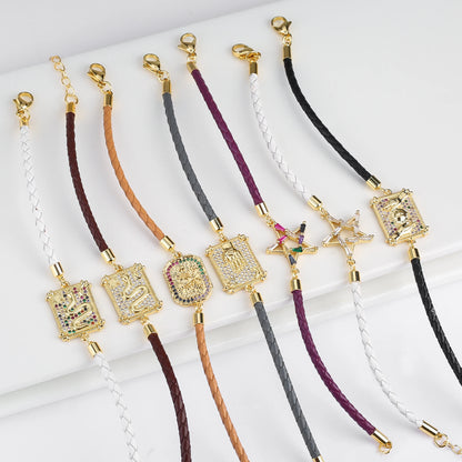 Personalized Square Geometric Star Zirconia Leather Braided Adjustable Bracelet Temperament for Women Party Jewelry Couple Gift