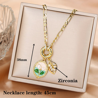 Hot Sale Metal Oil Drop Ocean Series Flower Pearl Leaf Pendant Necklace Charming For Woman Girl Casual Vacation Jewelry Gift
