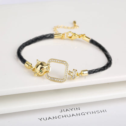 Adjustable Leather Rope Braided Zirconia Animal Leopard Head Bully Bracelet Fashion for Man Woman Party Jewelry Gift Daily Wear