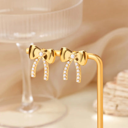 Free Shipping Imitation Pearl Bow Stud Earrings For Women Stainless Steel Piercing Earring 2025 New Fashion Wedding Jewelry