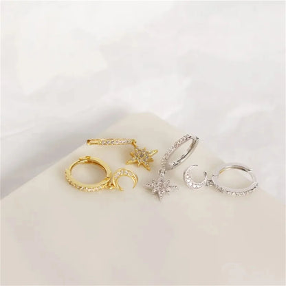 2Pcs Fashion Stainless Steel Star and Moon Pendant Earrings,Cubic Zirconia Cartilage Earring Hypoallergenicity Piercing Jewelry