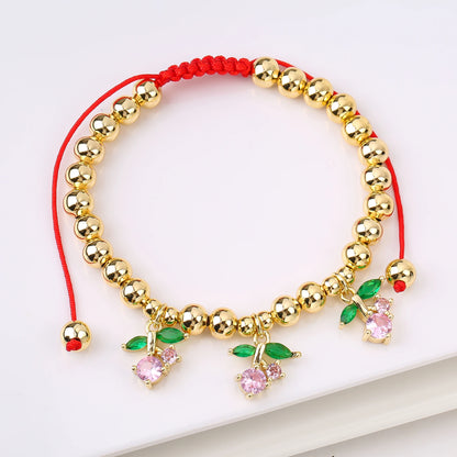 Gold Plated 6mm Copper Bead Chain Braided Fruit Cherry Crystal Adjustable Bracelet New Fashion Woman Girl Daily Wear Jewelry