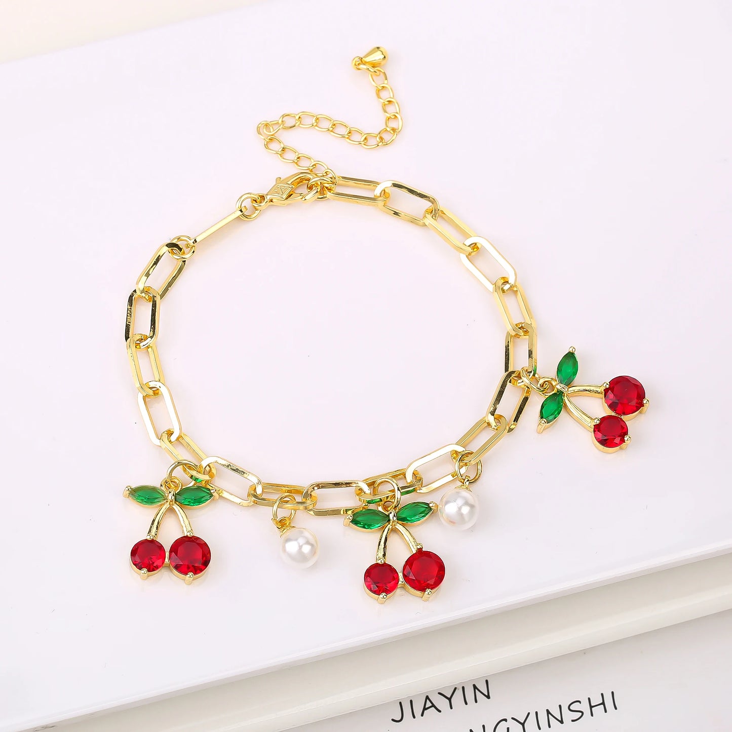 17 Colors Gold Plated Fruit Cherry Crystal Zirconia Adjustable Pearl Bracelet Luxury for Women Girls Casual Daily Party Jewelry
