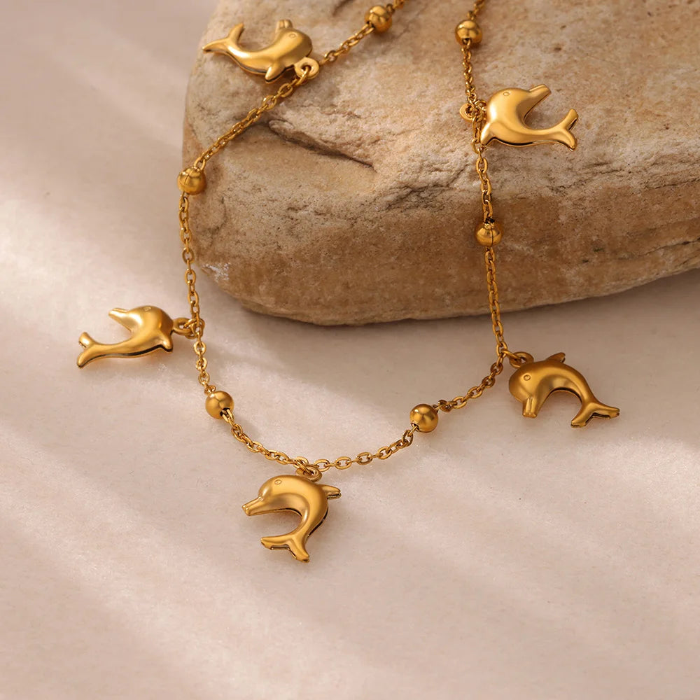 Starfish Dolphin Pendant Anklet Bracelet for Women Stainless Steel Gold Color Anklets Boho Summer Beach Jewelry Foot Accessories