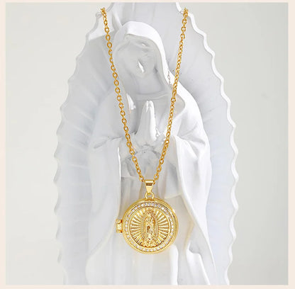 Round Zircon Virgin Mary Locked Pendant Necklace for Women, No Photo, Adjustable Link Jewelry