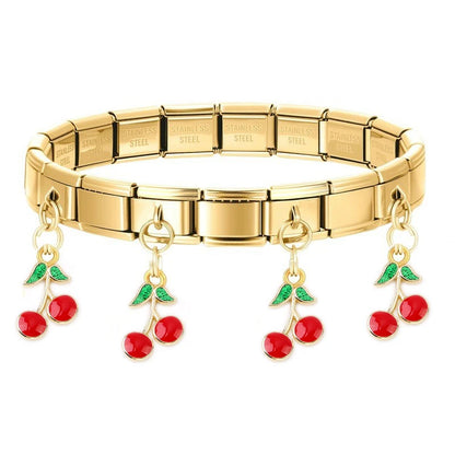 Geometric Square Stainless Steel Elastic Strap Bangle Bracelets for Women Strawberry Cherry Pendant Bracelets Hand Jewelry Gift