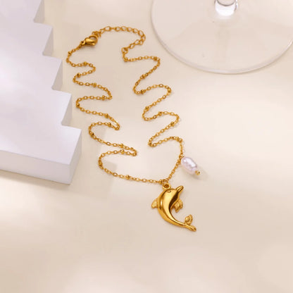 Free Shipping Imitation Pearl Dophin Pendant Necklaces For Women Stainless Steel Chain Necklace Aesthetic Wedding Jewelry Gift