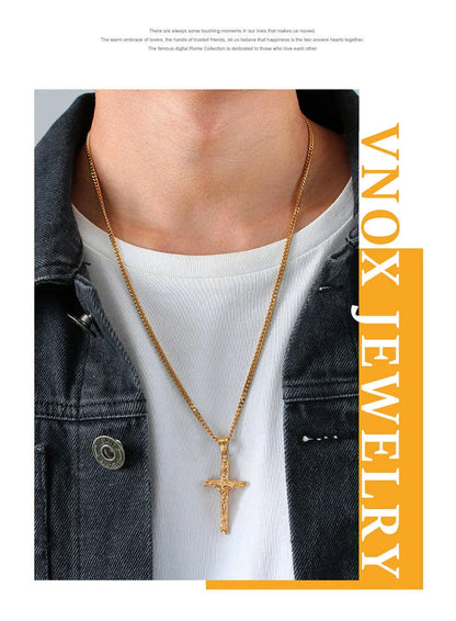 Vnox Cross Necklace for Men Women,Catholicism Jesus Pendant,Gold Color Stainless Steel Unisex Collar,Church Prayer Faith Jewelry