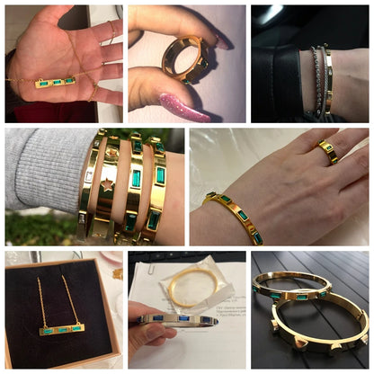 Luxury Open Cuff Bangles Bracelets Crystal Zirconia Rose Gold Color Stainless Steel Bracelet for Women Men  Fashion Jewelry