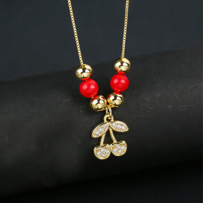 Hot Sale Crystal Red Cherry Pendant Necklace For Woman Gold Plated Fruit Collarbone Chain Fashion Daily Party Jewelry Gift