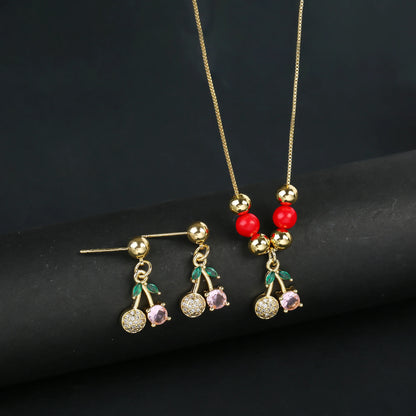 2pcs 22 Style Fashion Fruit Cherry Zircon Crystal Jewelry Set Earrings Necklace  For Women Female New Trend Party Jewelry Gift