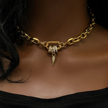 Freeshippings Item Non Tarnish Jewelry Stainless Steel 18K Gold Plated Oval Link Spring Clasp Full Zircon Charms Choker Necklace
