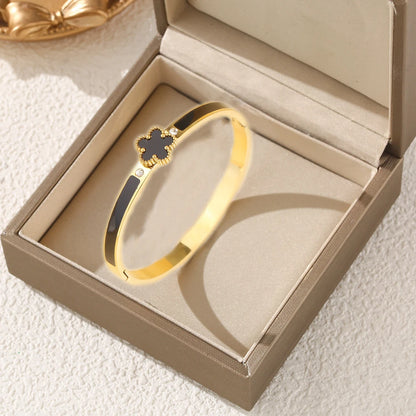 New Classic Oil Drip Stainless Steel Five Leaf Flower Open Bangle Luxury for Man Woman Daily Party Jewelry Couple Gift Clover