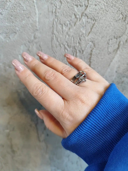 JOVO LOVE Three Layers Roman Numerals Stacking Ring for Women  Stainless Steel Our Fingers Chain Shape Variable Crystal Rings