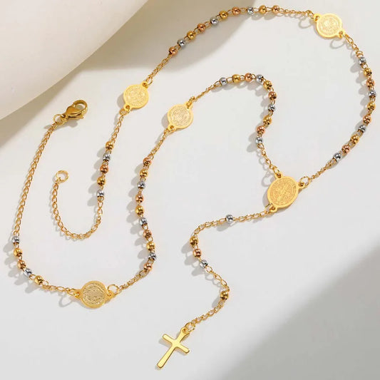 Stainless Steel St. Benedict's Rosary Necklace, Christian Cross Crucifix Pendant, Religious Necklace for Women, Catholic Jewelry