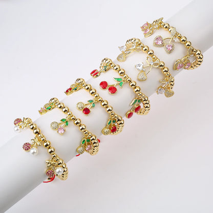 Gold Plated 6mm Copper Bead Chain Braided Fruit Cherry Crystal Adjustable Bracelet New Fashion Woman Girl Daily Wear Jewelry