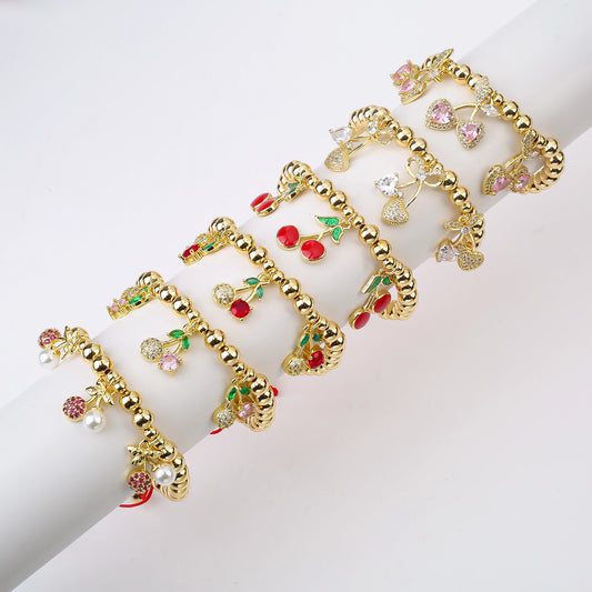 Gold Plated 6mm Copper Bead Chain Braided Fruit Cherry Crystal Adjustable Bracelet New Fashion Woman Girl Daily Wear Jewelry