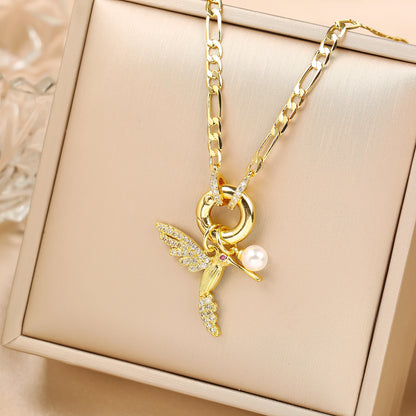 Hot Sale Gold Plated Animal Hip Hop Hummingbird Bird Pearl Pendant Necklace New Fashion Man Woman Casual Vacation Jewelry Gift