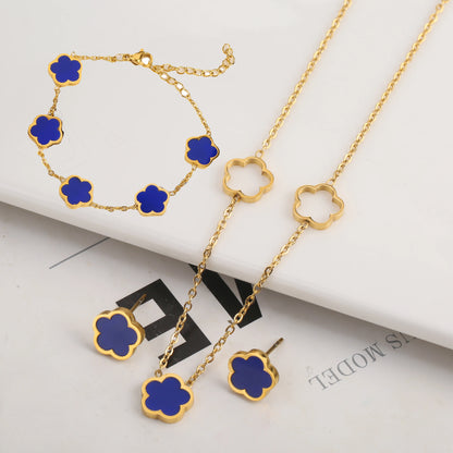3pc New Design Single-Sided Plant Five Leaf Flower Hollow Bracelet Necklace Earring Set Stainless Steel Women's Clover
