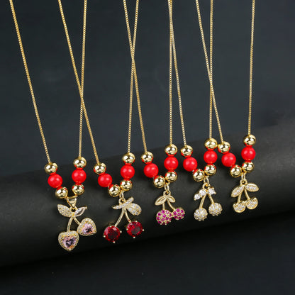 Hot Sale Crystal Red Cherry Pendant Necklace For Woman Gold Plated Fruit Collarbone Chain Fashion Daily Party Jewelry Gift