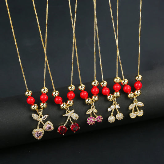 Hot Sale Crystal Red Cherry Pendant Necklace For Woman Gold Plated Fruit Collarbone Chain Fashion Daily Party Jewelry Gift