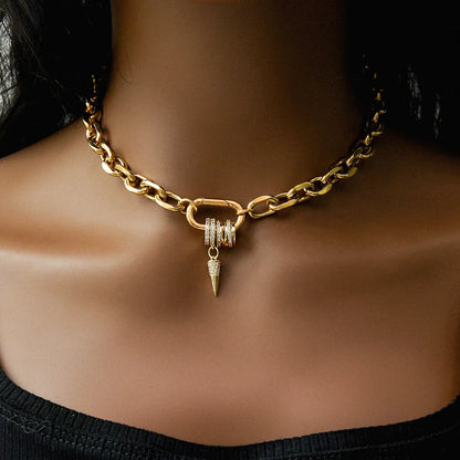 Freeshippings Item Non Tarnish Jewelry Stainless Steel 18K Gold Plated Oval Link Spring Clasp Full Zircon Charms Choker Necklace