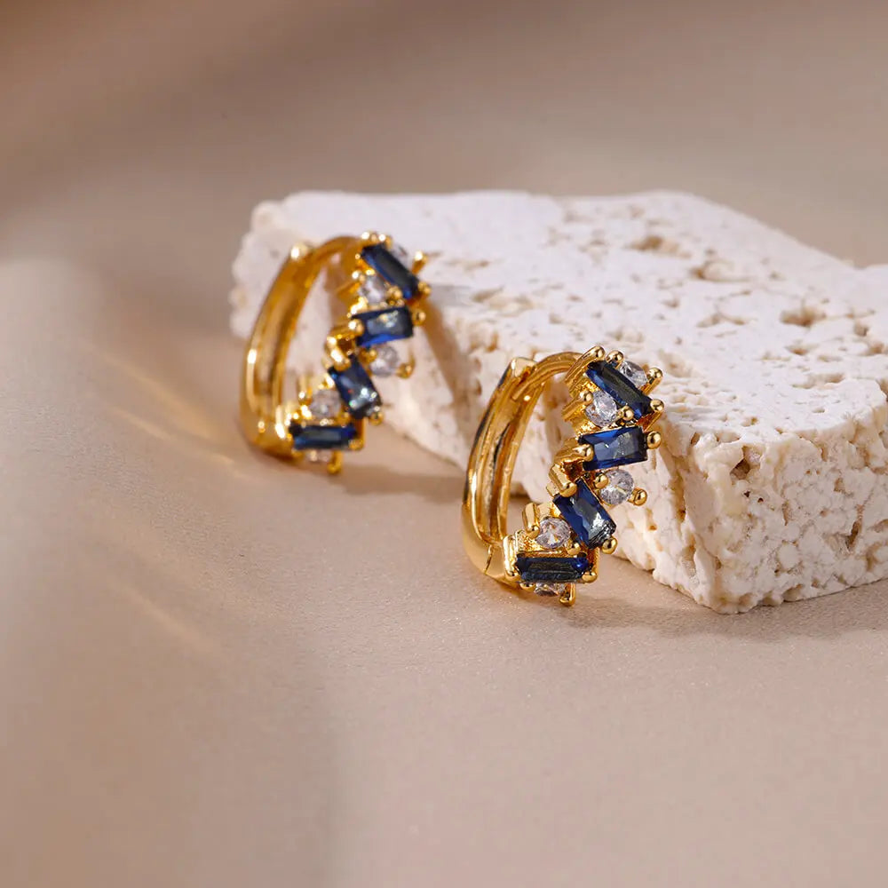 Blue Zircon Earring For Women Girls Stainless Steel Shiny Crystal Hoop Piercing Earring 2024 Trend Luxury Wedding Jewelry Gift