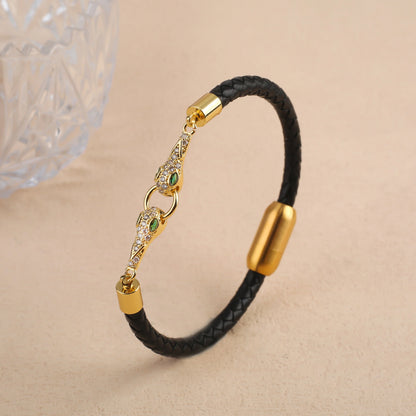 Bully Animal Style Leopard Head Braided Leather Rope Bracelet Fashion for Man Woman Stainless Steel Zirconia Jewelry Daily Wear
