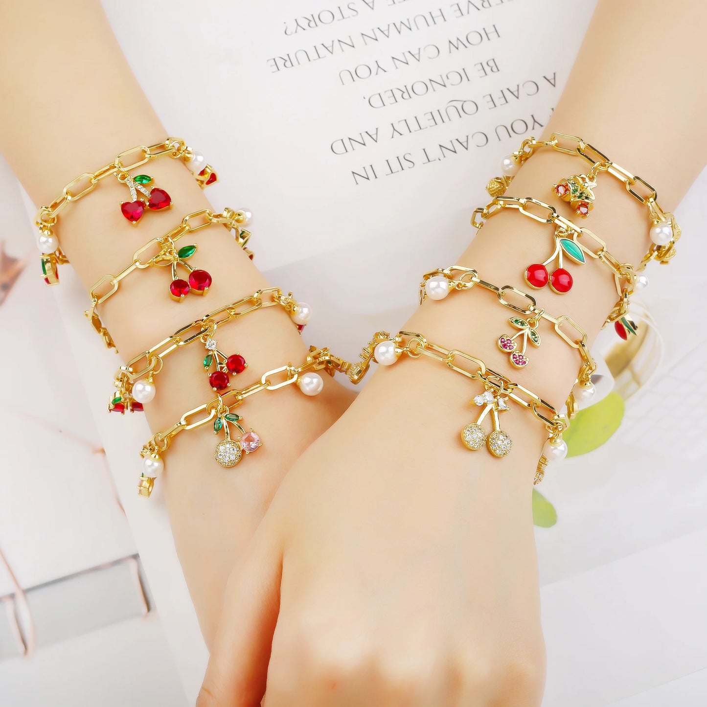 17 Colors Gold Plated Fruit Cherry Crystal Zirconia Adjustable Pearl Bracelet Luxury for Women Girls Casual Daily Party Jewelry