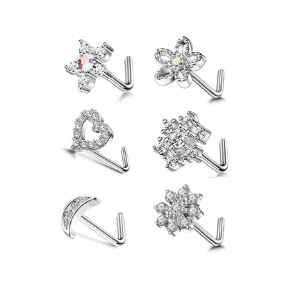 6Pcs 20G Stainless Steel Flower Heart Star-shaped Nose Rings