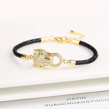 15 Style Hot Sale Shiny Zirconia Animal Leopard Head Leather Braided Bracelet Hip Hop for Men Women Fashion Jewelry Accessories
