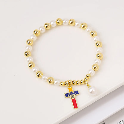 Classic Venezuela Flag Cross Bracelet Earrings Necklace Jewelry Set Luxury for Women Girl Daily Party Pearl Jewelry Gift